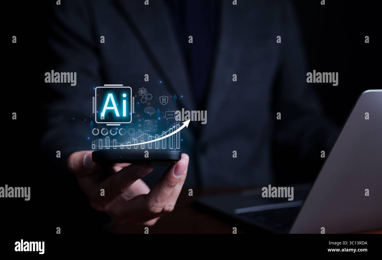 Technologiekonzept künstliche Intelligenz. Geschäftsleute verwenden KI-Technologie, um Business Analytics-Tools zu erstellen. Und nutzen Sie KI im Alltag. Datenverwaltung Stockfoto