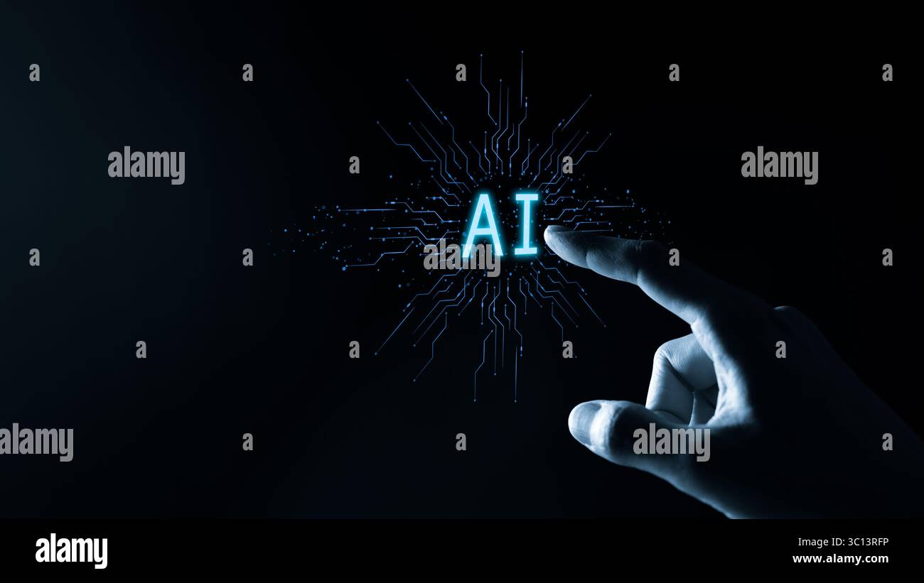 KI, Konzept der künstlichen Intelligenz. Manuelles Berühren des virtuellen Bildschirms Ai-Logo. Maschinelles Lernen, Internet der Dinge, digitale Transformation, Stockfoto