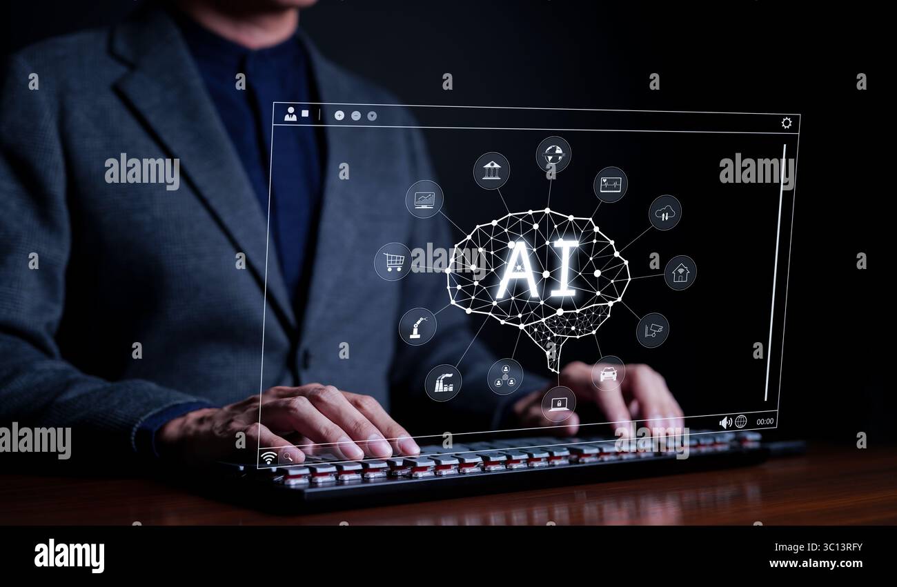 KI oder künstliche Intelligenz. Geschäftsmann, der Computer nutzt KI, um Unternehmen zu helfen und im täglichen Leben, digitale Transformation, iot verwendet wird Stockfoto