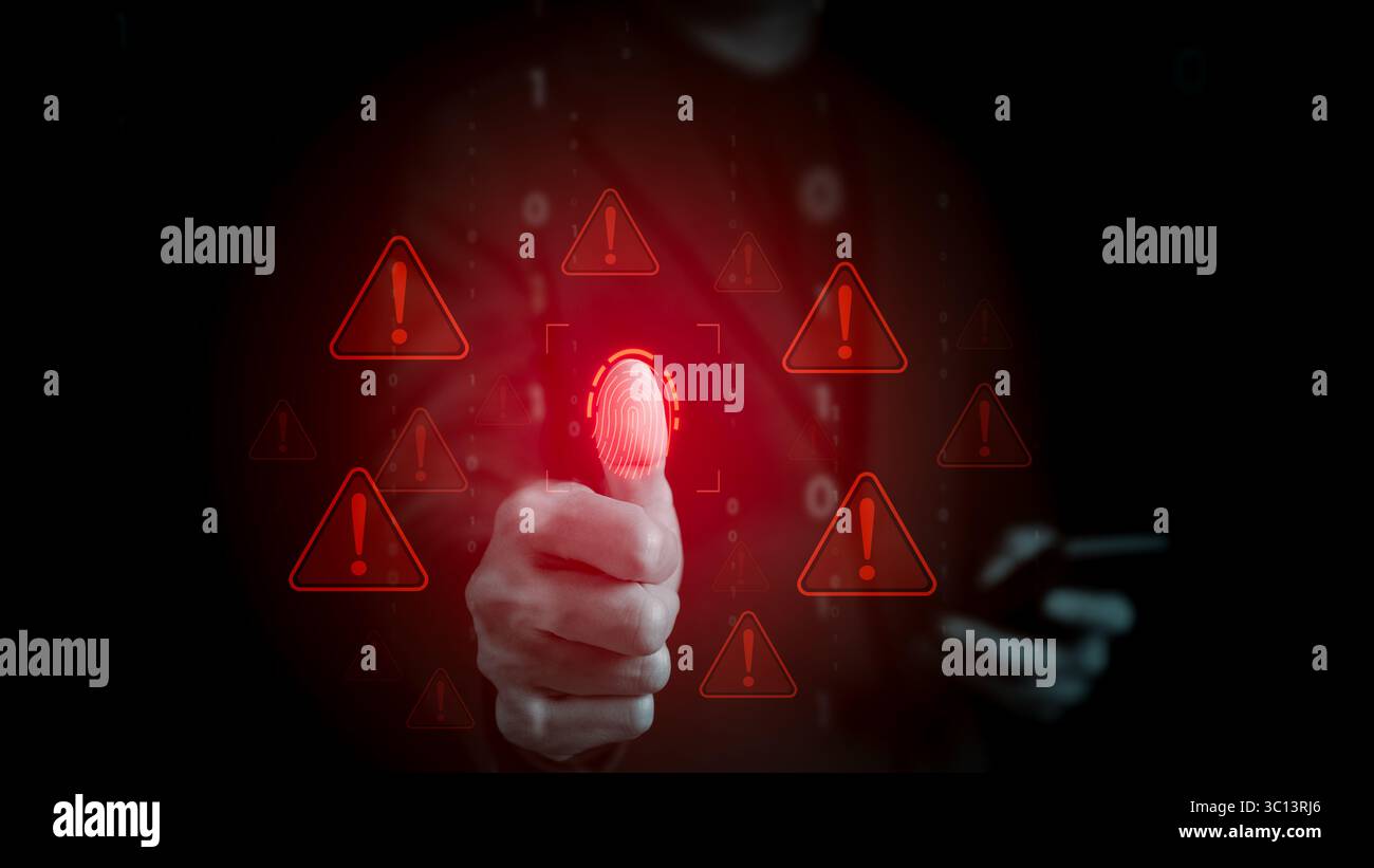 Sicherheitslücke bei Datenmissbrauch. Warnsystem Konzept, System gehackt auf Computernetzwerk, Cyberkriminalität und Virus, schädliche Software, Stockfoto