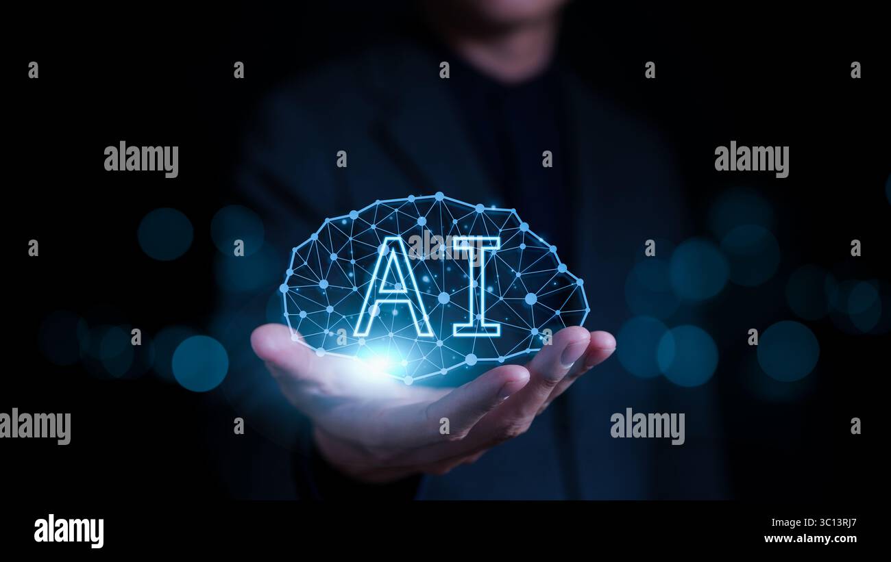 KI, Konzept der künstlichen Intelligenz. Virtuelle künstliche Intelligenz Gehirnverbindung in den Händen des Geschäftsmannes. Internet der Dinge, iot, Nutzung von KI Stockfoto
