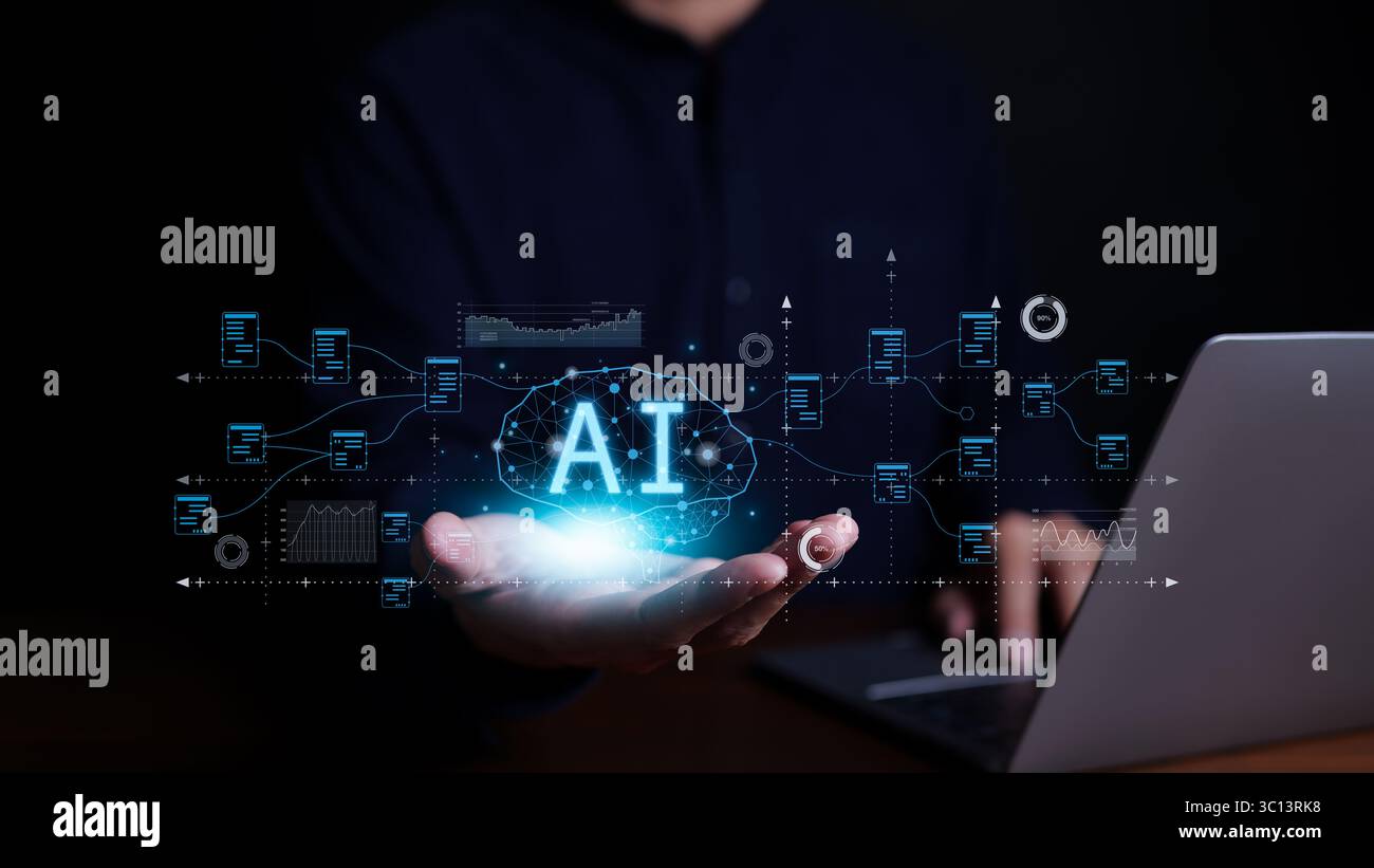 KI, Künstliche Intelligenz. Virtuelle künstliche Intelligenz Gehirnverbindung in den Händen des Geschäftsmannes. Analyse komplexer Big Data, Analyse Stockfoto