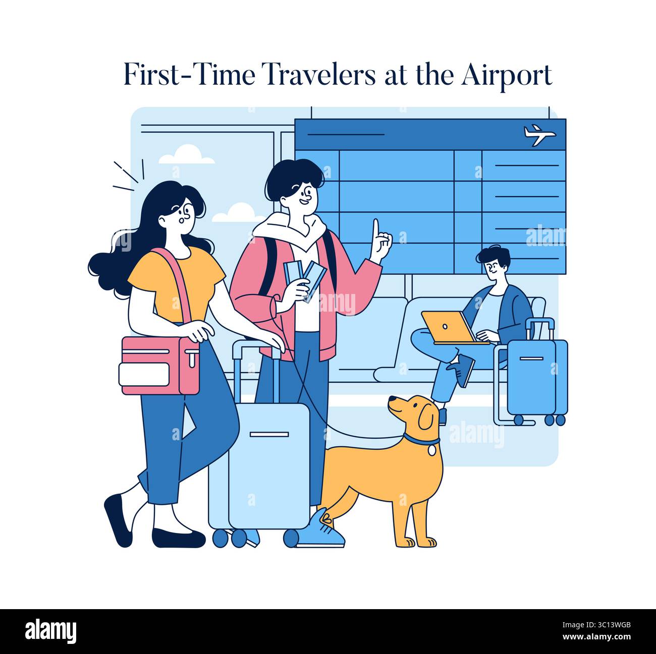 Reisende, die zum ersten Mal am Flughafen navigieren. Ein fröhliches Paar erkundet, prüft Tickets und interagiert, begleitet von einem freundlichen Hund. Komfortable Lounge-Atmosphäre. Vektorabbildung. Stock Vektor