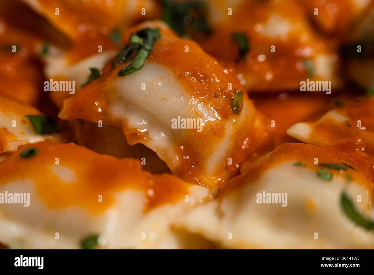 Nahaufnahme köstlicher Ravioli-Pasta mit lebendiger Tomatensauce und frischem Basilikum für ein köstliches kulinarisches Erlebnis Stockfoto