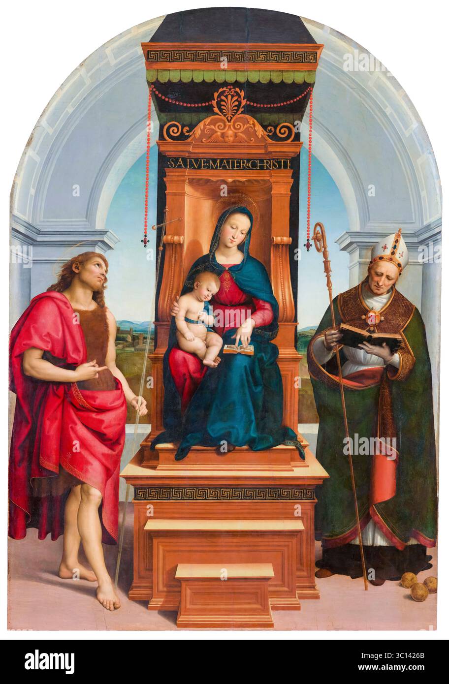 Raffaello Sanzio da Urbino nannte Raphael, die Madonna und das Kind mit dem Heiligen Johannes dem Täufer und dem Heiligen Nikolaus von Bari (die Ansidei-Madonna), Gemälde in Öl auf Holz, 1505 Stockfoto