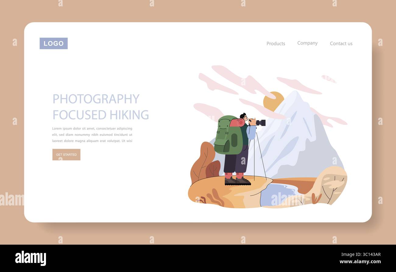 Bergtourismus-Konzept. Reisende mit Rucksack genießen die Berglandschaft, während sie bei Sonnenaufgang Fotos machen. Abenteuer, Entdeckungen, Naturliebhaber und Reisen inspirieren zu Outdoor-Bergtouren. Vektorabbildung. Stock Vektor