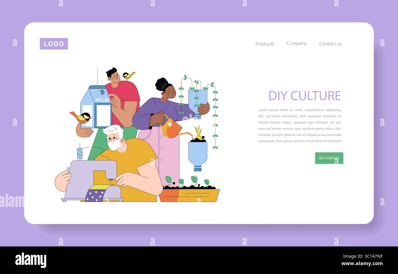 Vektor-Illustration von Menschen, die in Heimwerkeraktivitäten wie Nähen, Gartenarbeit und Vogelhaltung tätig sind, wobei ein gemeinschaftsorientierter Lebensstil und kreative Hobbys hervorgehoben werden. Stock Vektor