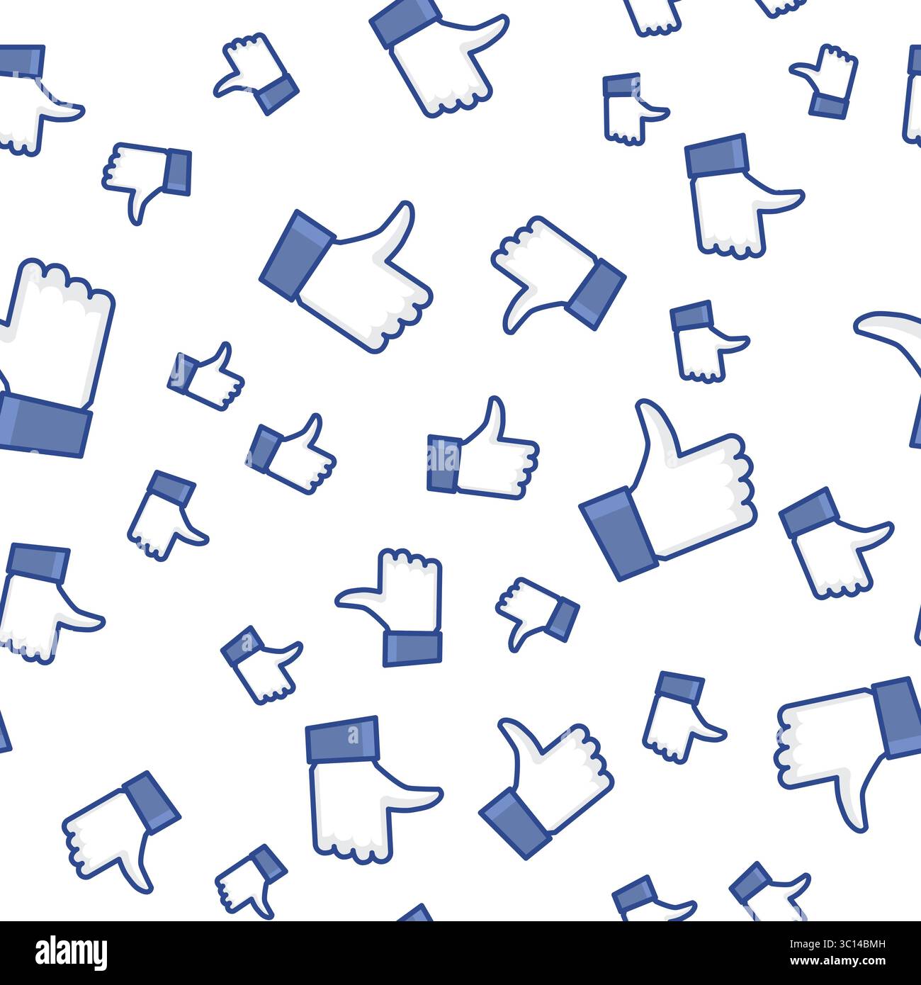 Nahtloses Muster von Symbolen mit Daumen nach oben und Daumen nach unten in Blau und weiß für die Interaktion in sozialen Medien oder das Design von Feedback-Konzepten Stock Vektor