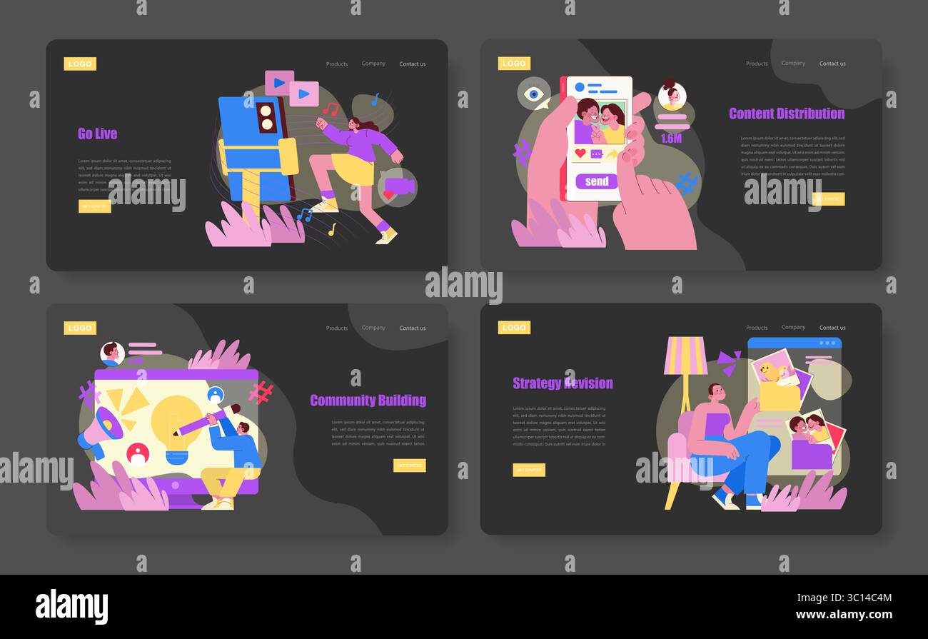 Vektorillustrationen, die digitale Marketingkonzepte wie Live-Streaming, Inhaltsverteilung, Community-Building und Strategieüberarbeitung zeigen. Lebendige Designs mit ansprechenden Charakteren. Stock Vektor