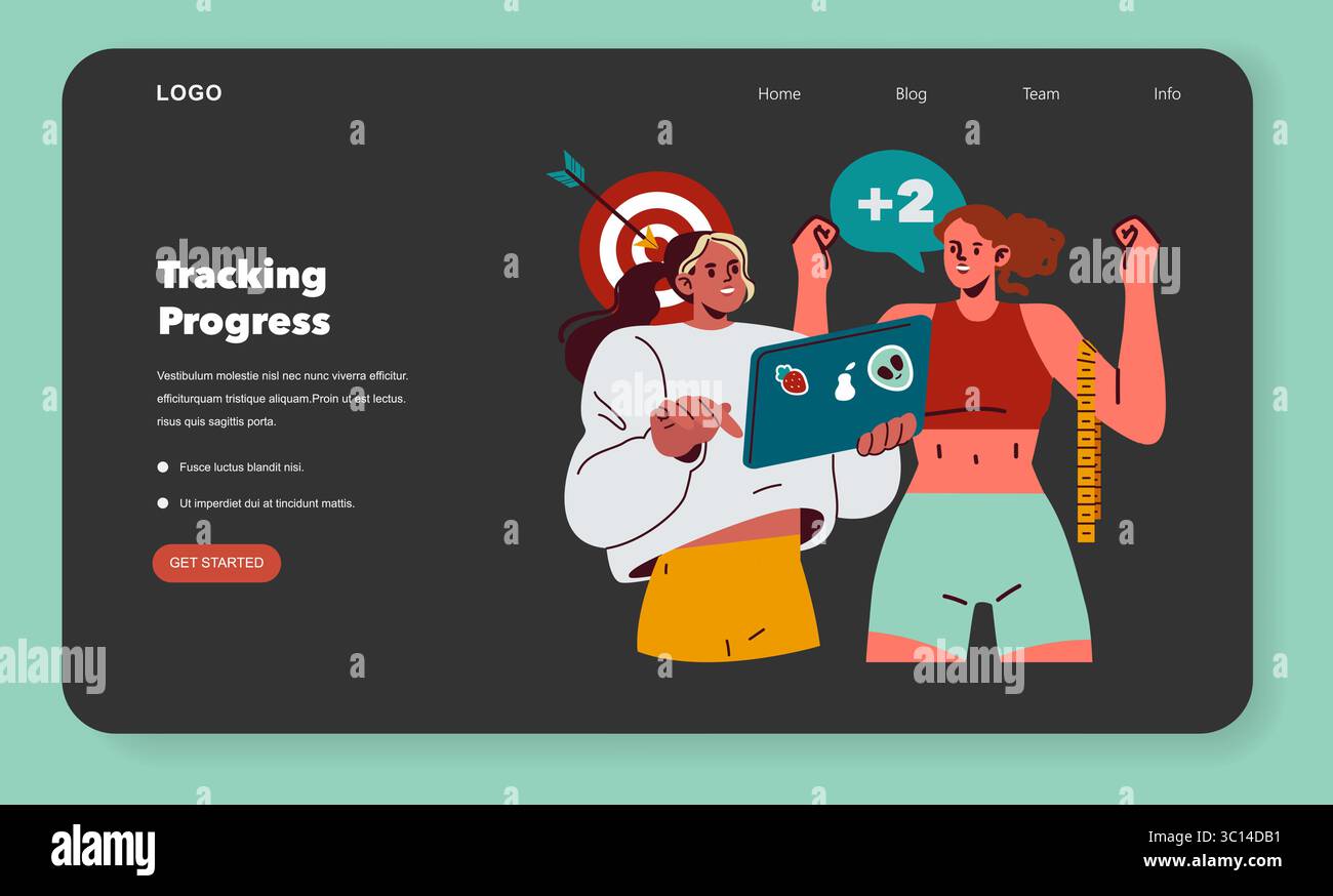 Konzept des persönlichen Trainers. Fitness-Coach unterstützt Kunden mit Krafttraining und Fortschrittsverfolgung. Der Trainer verwendet Symbole für Tablet, Maßband, Zielziel und Motivation-Chat. Vektorabbildung. Stock Vektor