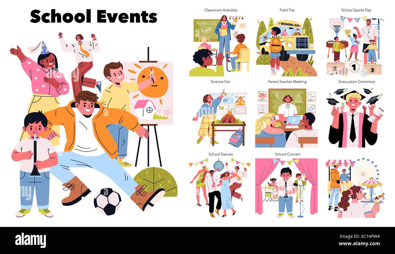 Vektor-Illustration mit verschiedenen Schulveranstaltungen, einschließlich Sporttag, Wissenschaftsmesse, Ausflug und Abschlusszeremonie. Die Schüler nehmen aktiv an kreativen und pädagogischen Aktivitäten Teil. Stock Vektor