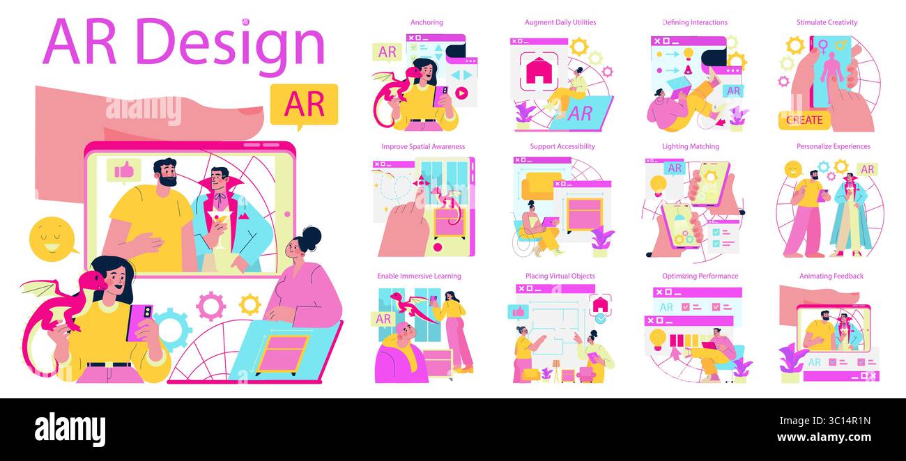 Vektor-Illustration, die Konzepte für Augmented Reality-Designs, einschließlich räumlicher Wahrnehmung, personalisierter Erfahrungen und Interaktionen mit virtuellen Objekten, zur Steigerung der Kreativität und Zugänglichkeit zeigt. Stock Vektor