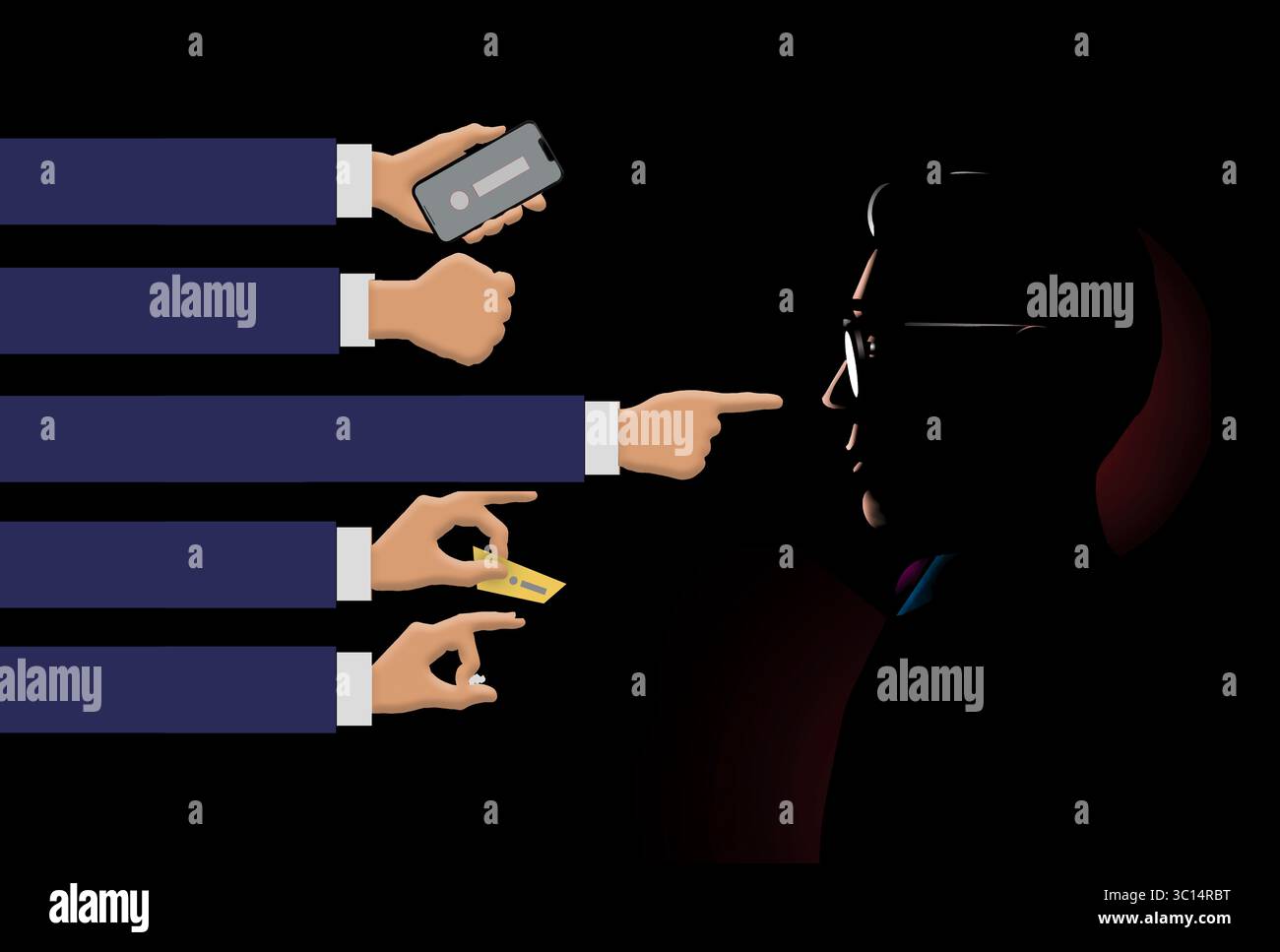 Dieser Mitarbeiter wird von Kollegen bei seiner Arbeit missachtet. In dieser 3D-Abbildung geht es um den Respekt vor anderen am Arbeitsplatz. Stockfoto