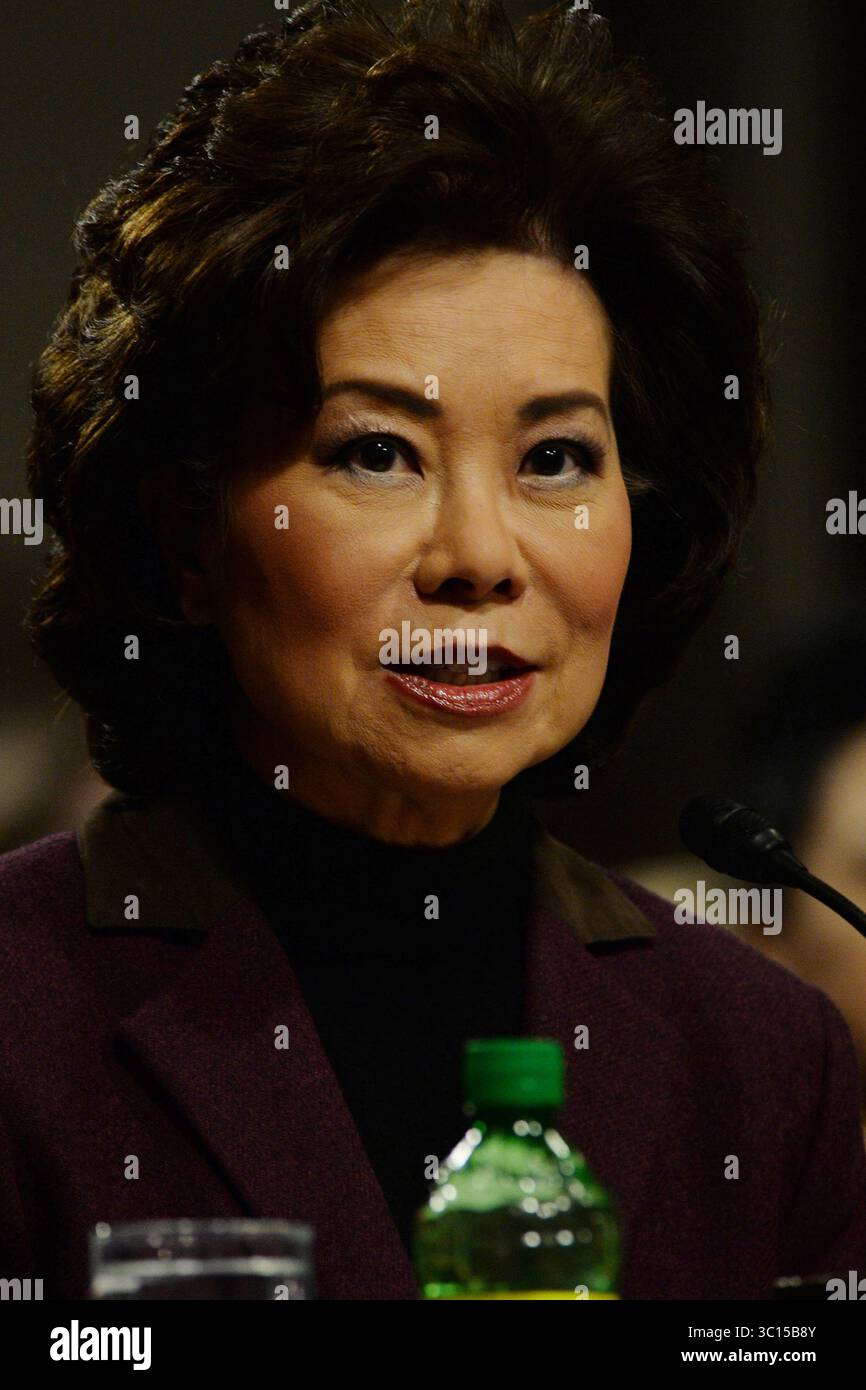 Januar 2017 - Washington, District of Columbia, USA - Januar 11,2016 - Dirksen Office Gebäude. - Washington DC. Elaine Chao unterzieht den Bestätigungsprozess, um zu entscheiden, ob sie für die Position der Verkehrsministerin der Vereinigten Staaten Recht hat. Sie sitzt neben ihrem Vater, einem Arzt. (Kreditbild: Christy Bowe/ZUMA Wire) Stockfoto
