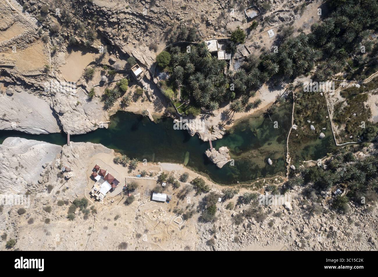 Aus der Vogelperspektive trifft man auf türkisfarbenes Wasser, felsige Klippen und üppiges Grün, was eine Oase der Ruhe schafft, Maskat, Maskat Governorate, Oman. Stockfoto