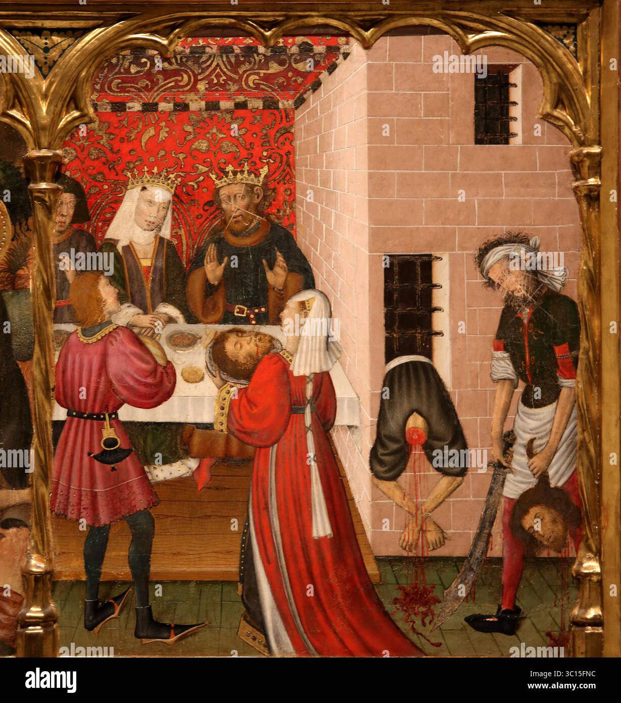 Salome und Johns Kopf. Altaraufsatz der Heiligen Johannes von Bernat Martorell, um 1435-1445. Aus der Kirche von Vinaixa. Katalonien. MNAC. Spanien. Stockfoto
