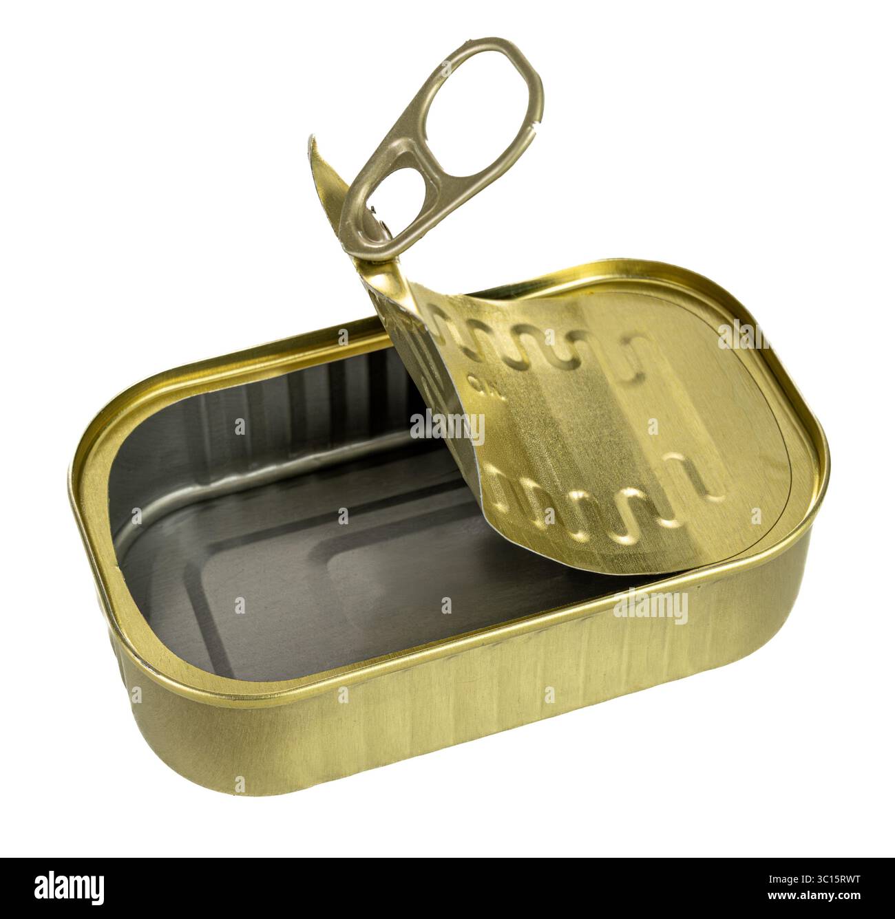 Leere goldene Dose mit geöffnetem Deckel, isoliert Stockfoto