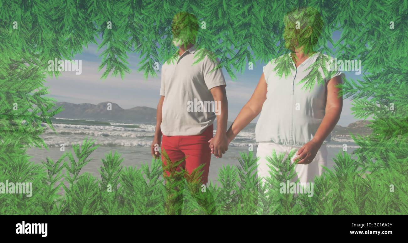 Hände halten Mann in weißem Polo und Frau an der Küste mit Wellen, immergrünem Rahmen, Bergen Stockfoto