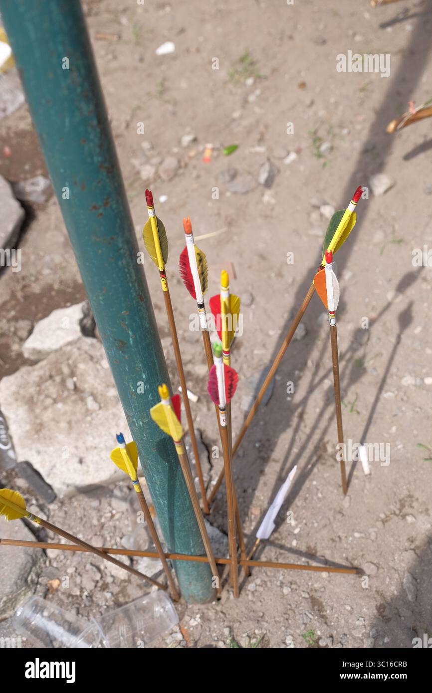 Pfeile werden in einem traditionellen Bogenschießen in den Boden gesteckt. Stockfoto