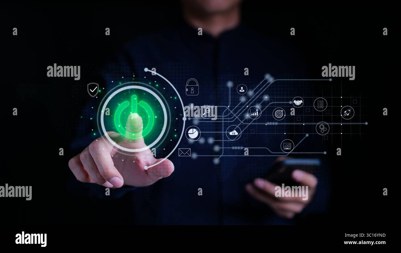 Geschäftsmann, der die Starttaste für Unternehmen oder Unternehmen auf virtuellem Bildschirm berührt. Neues Start-up-Unternehmen, Wachstum Erfolg Planung Entwicklung Stockfoto
