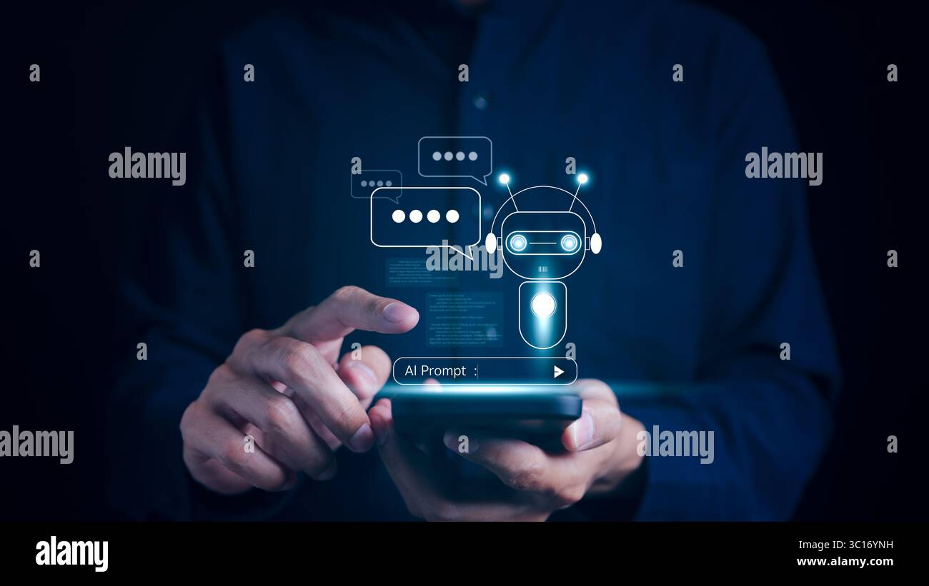 Chatten Sie mit KI, künstlicher Intelligenz. Durch Eingabe der Eingabeaufforderung generiert Ein Mann, der Ein Smartphone für die Arbeit verwendet. Mit einem intelligenten Ai zu plaudern, fragt Stockfoto