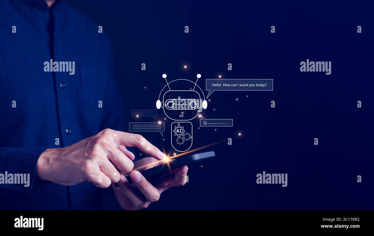 KI Tech, man Show virtuelle Grafik Global Internet Connect Chat bot Chat mit KI, Künstliche Intelligenz. Wenn Sie die Eingabeaufforderung für verwenden, wird etwas generiert Stockfoto