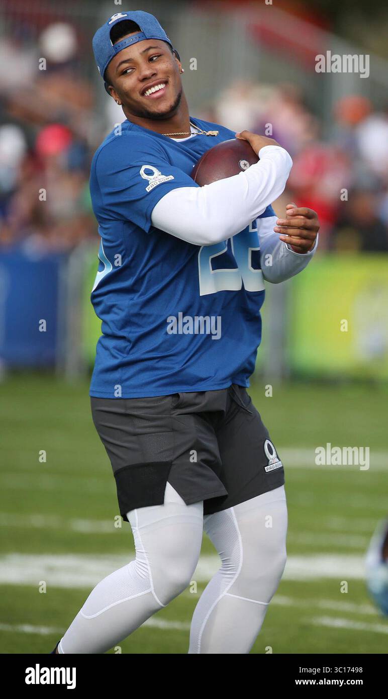 23. Januar 2019 - Orlando, FL, USA - NFC Running Barkley lächelt beim NFL Pro Bowl Training am Mittwoch, den 23. Januar 2019, in der ESPN Wide World of Sports. (Foto: © Stephen M. Dowell/Orlando Sentinel/TNS via ZUMA Wire) Stockfoto