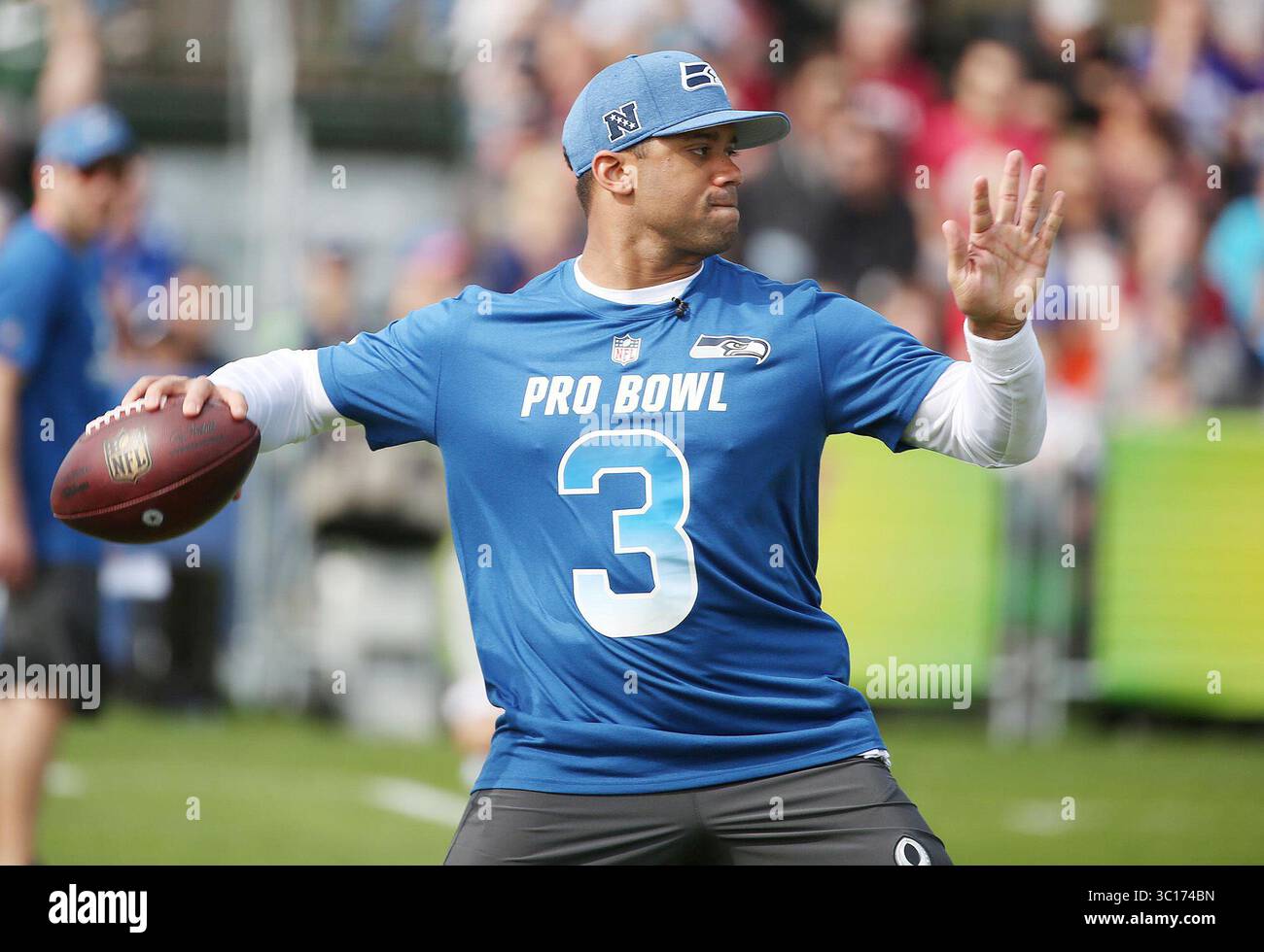 23. Januar 2019: Orlando, FL, USA – NFC Seattle Seahawks Quarterback Russell Wilson wirft während des NFL Pro Bowl-Trainings am Mittwoch, den 23. Januar 2019, in der ESPN Wide World of Sports. (Foto: © Stephen M. Dowell/Orlando Sentinel/TNS via ZUMA Wire) Stockfoto