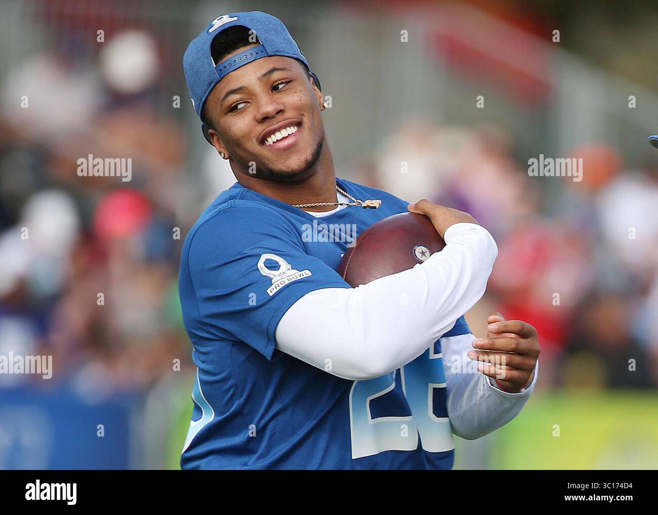 23. Januar 2019 - Orlando, FL, USA - NFC Running Barkley lächelt beim NFL Pro Bowl Training am Mittwoch, den 23. Januar 2019, in der ESPN Wide World of Sports. (Foto: © Stephen M. Dowell/Orlando Sentinel/TNS via ZUMA Wire) Stockfoto