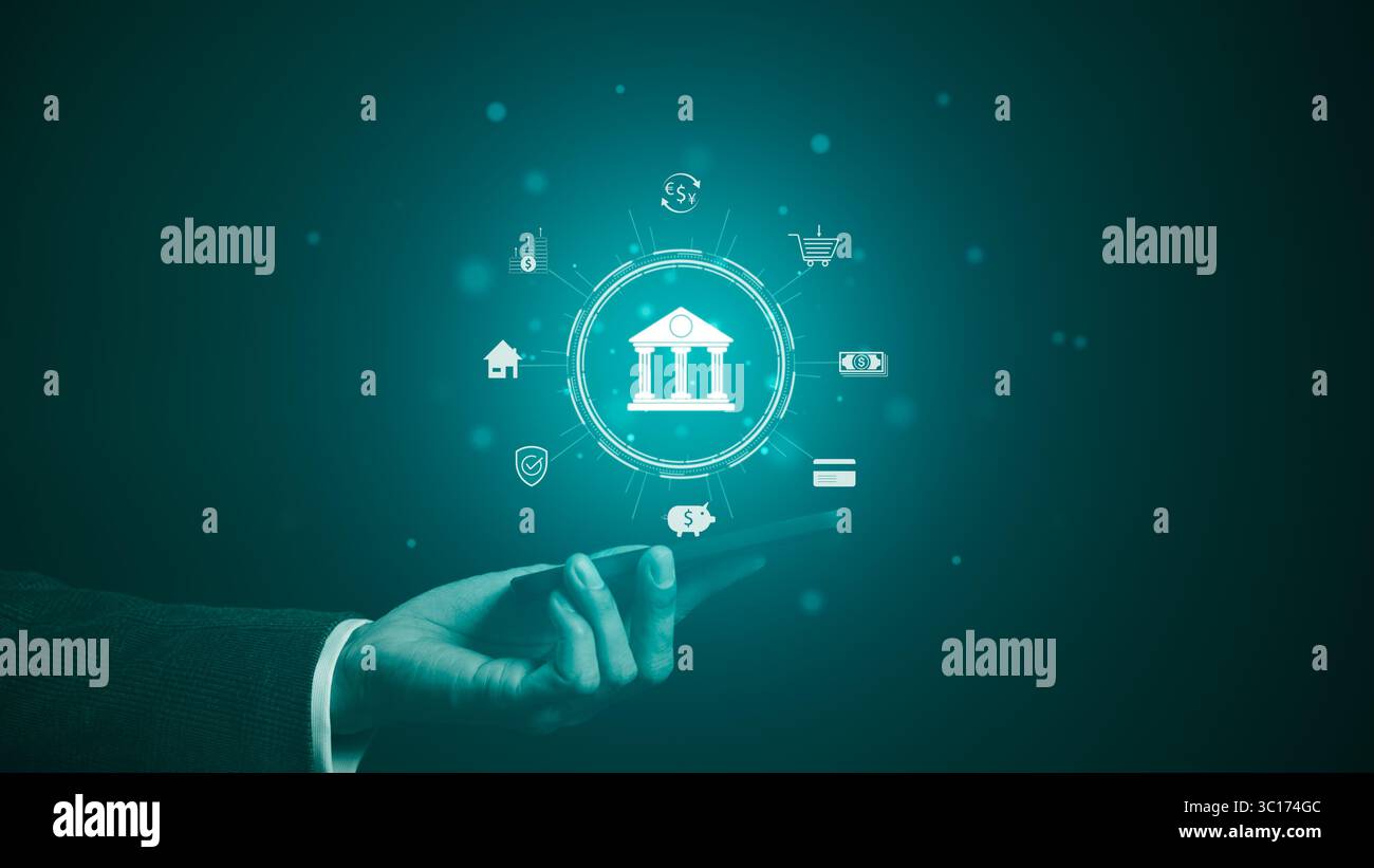 Das Konzept der Nutzung digitaler Technologien für das Online-Banking. Geschäftsmann hält ein Telefon mit Symbolen der Online-Banking-Technologie. Kunde Stockfoto