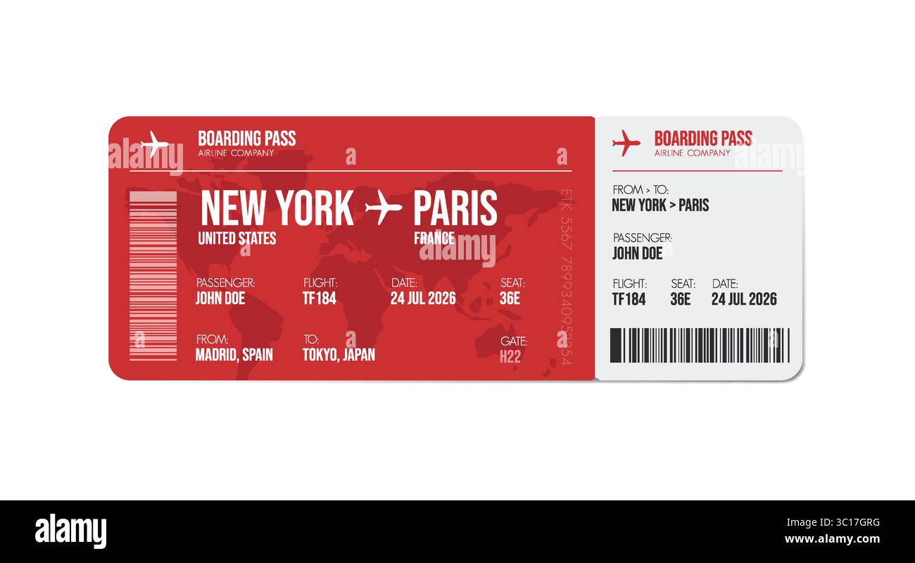 Flugticket-Design. Bordkarte für Flugzeuge mit Passagiernamen und Zielort. Reise-, Reise- oder Geschäftsreisekonzept. Stock Vektor