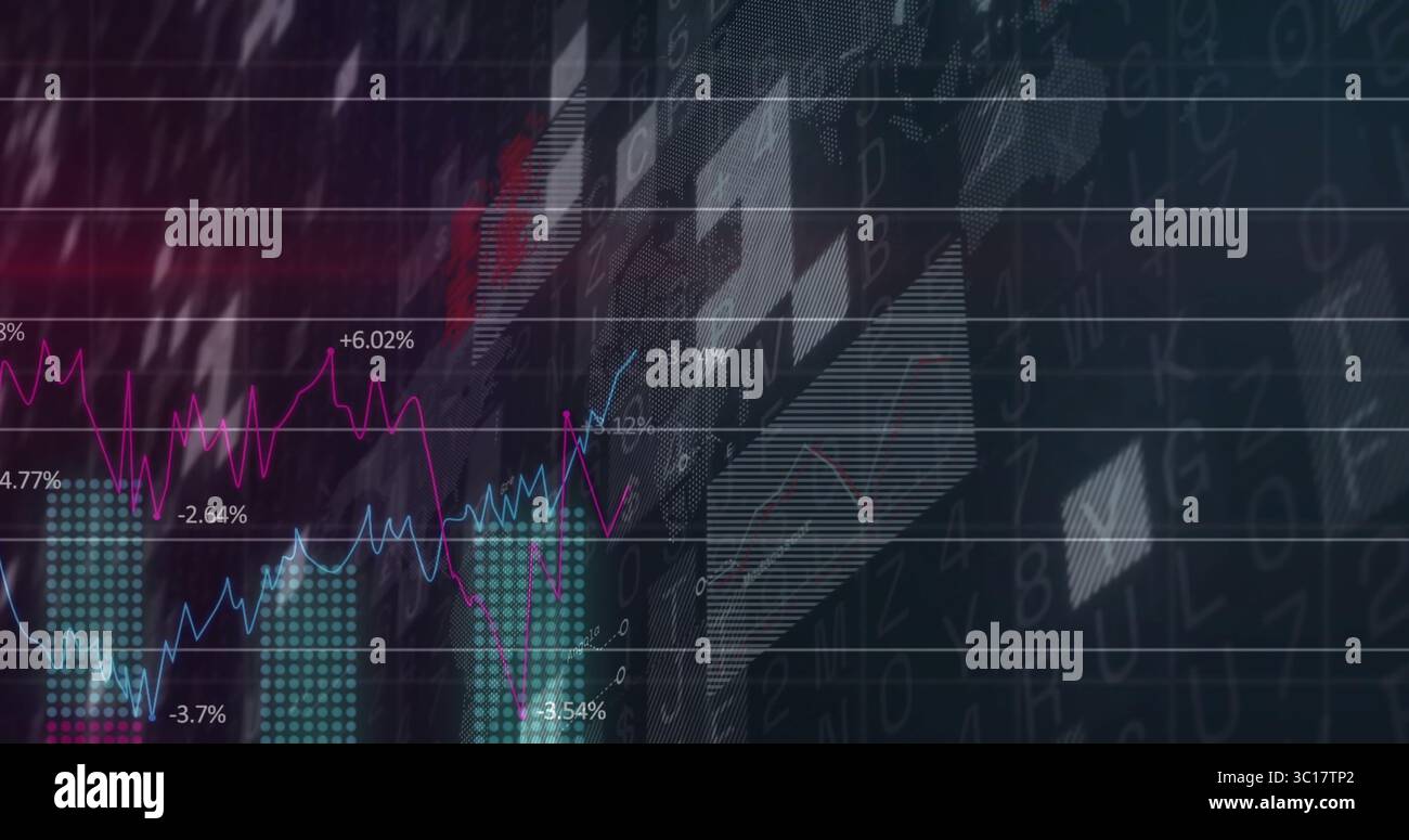 Anzeigen des Dashboards mit magentafarbenen und blauen Linien und Balkenspalten mit Prozentbeschriftungen auf dem Bildschirm Stockfoto