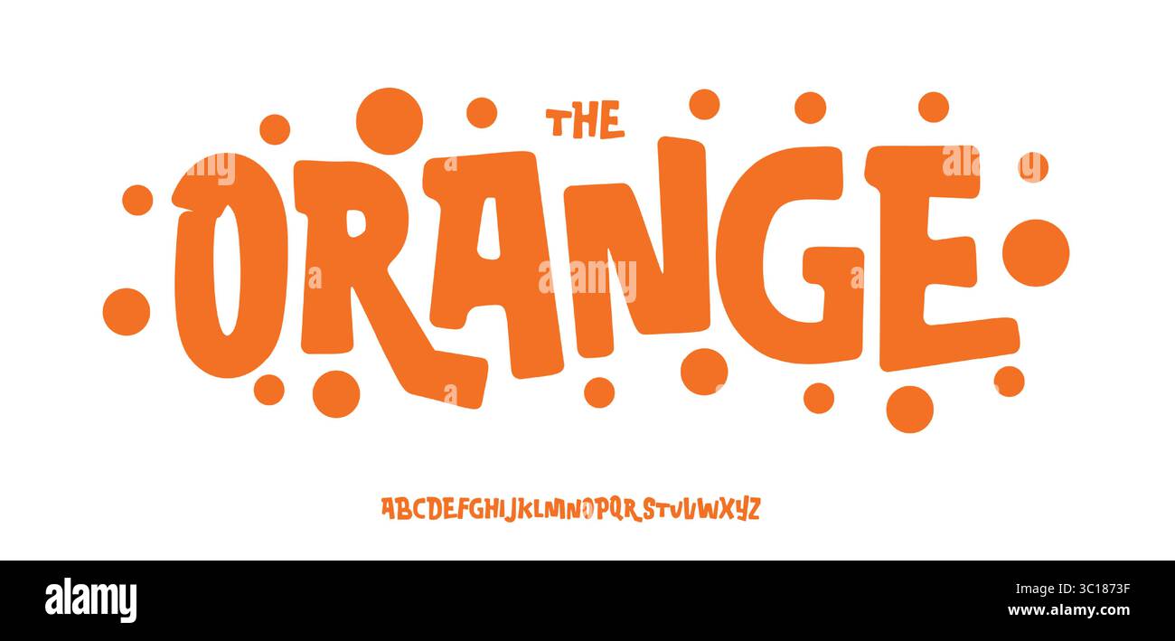 Auffällige, verspielte Zeichentrickschrift mit saftigen orangefarbenen Formen und funky quadratischem abgerundetem Stil. Perfekt für Kinder Branding, Obstverpackungen, fröhliche Titel und Stock Vektor