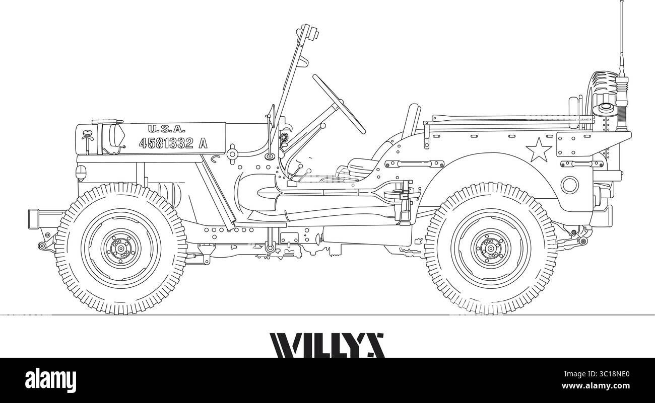 Willys MB historischer und klassischer militärischer Geländewagen, 1941, USA, schwarze Linie Vektor-Illustration Stock Vektor