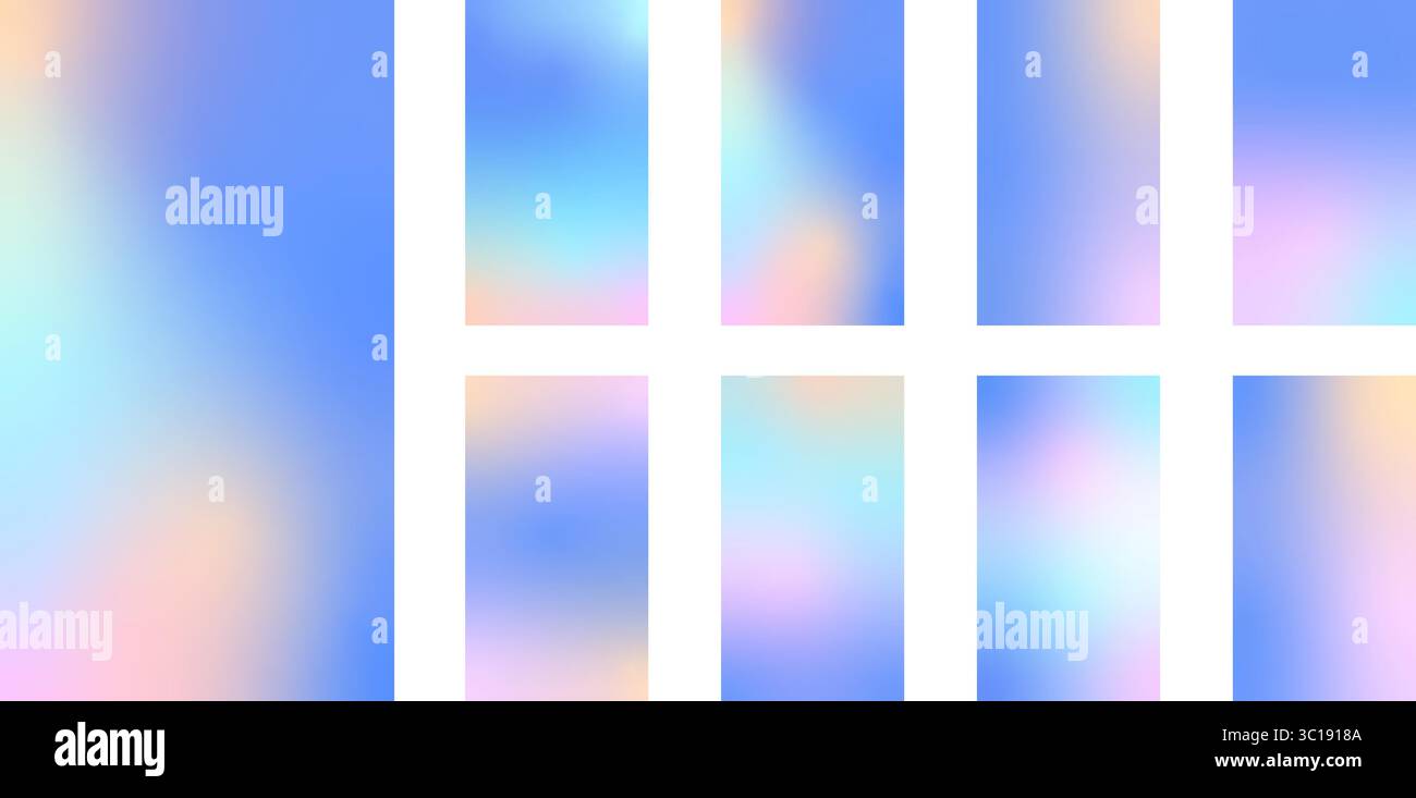 Holographischer Verlauf für den Winter einstellen. Pastellfarbener Weihnachtshintergrund, modernes winterblaues Verlaufsvektor-Design Stock Vektor