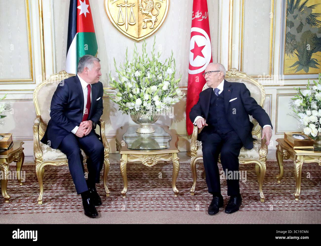 3. Februar 2019 - Karthago, Tunesien - König Abdullah II. Von Jordanien und seine Frau Königin Rania wurden vom Präsidenten der Republik BÃ Caid Essebsi im Palast von Karthago empfangen und besuchten Tunesien für ein paar Stunden am Sonntag, 3. Februar 2019. (Bild: © Chokri Mahjoub/ZUMA Wire) Stockfoto