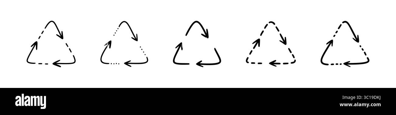 Handgezeichnetes Doodle-Dreieck-Recycling-Symbolsatz. Symbol für Papier, Kunststoff, Müll, Abfall, Wiederverwendung von Handschriften. Buntstift Scribble Grunge Vektor Illustration. Stock Vektor