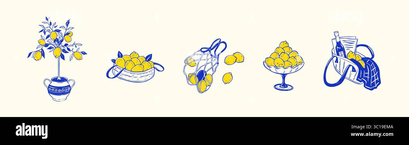 Set mit blauen und gelben Zitronen-Postermotiven. Hand gezeichnete Doodle Vektor-Illustration. Italienischer Sommerurlaub. Mittelmeer Amalfi Strand Urlaub Stock Vektor