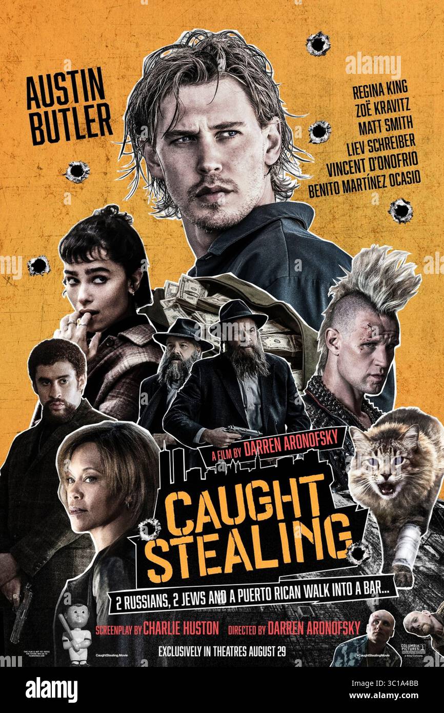 Catch Stealing (2025) unter der Regie von Darren Aronofsky mit Austin Butler, Regina King und Zoë Kravitz in den Hauptrollen. Ein ausgebrannter Ex-Baseballspieler wird versehentlich in die kriminelle Unterwelt der 1990er Jahre hineingezogen, nachdem er sich bereit erklärt hat, für seinen Punk-Rock-Nachbarn einen Katzensitz zu machen. US-Poster NUR FÜR REDAKTIONELLE ZWECKE. Quelle: BFA / Sony Pictures veröffentlichen Stockfoto