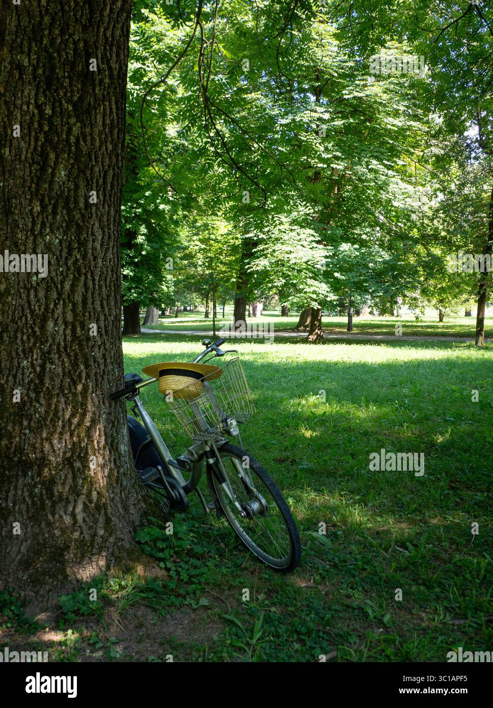 Fahrrad- und Sonnenhütte in einem Park in der Innenstadt von Ljubljana, Slowenien Stockfoto