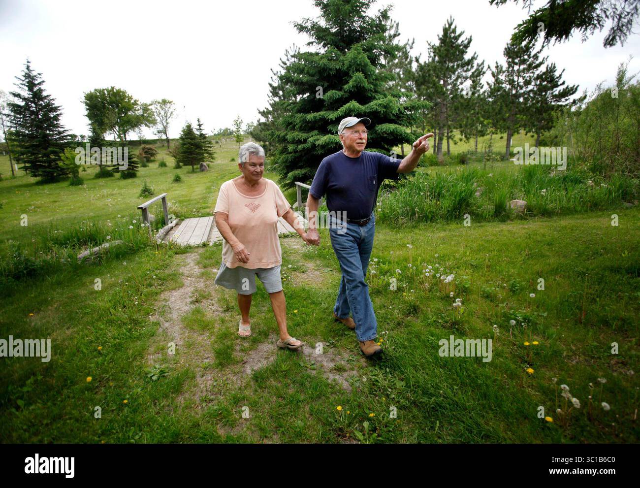 Medina, MN - 21. Mai 2010 - Terry Tomann hat Hunderte, wenn nicht Tausende von Bäumen auf einem 16 Hektar großen Grundstück in Medina gepflanzt und spendet nun das Land als Park an die Stadt. Auf diesem Foto gehen Terry Tomann und seine Frau Mary auf das Land, das sie gespendet haben, um ein Park für die Stadt Medina zu werden. Das Paar ist seit 54 Jahren verheiratet und hat acht Kinder, 16 Enkel und 8 Urenkel. „Ich habe nur eine Leidenschaft für das Pflanzen von Bäumen“, sagte Tomann. Er möchte diese Leidenschaft für die Schönheit der Erde mit anderen teilen. (Kreditbild: David Joles/Minneapolis Star Tribune/TNS via ZUMA Wire) Stockfoto