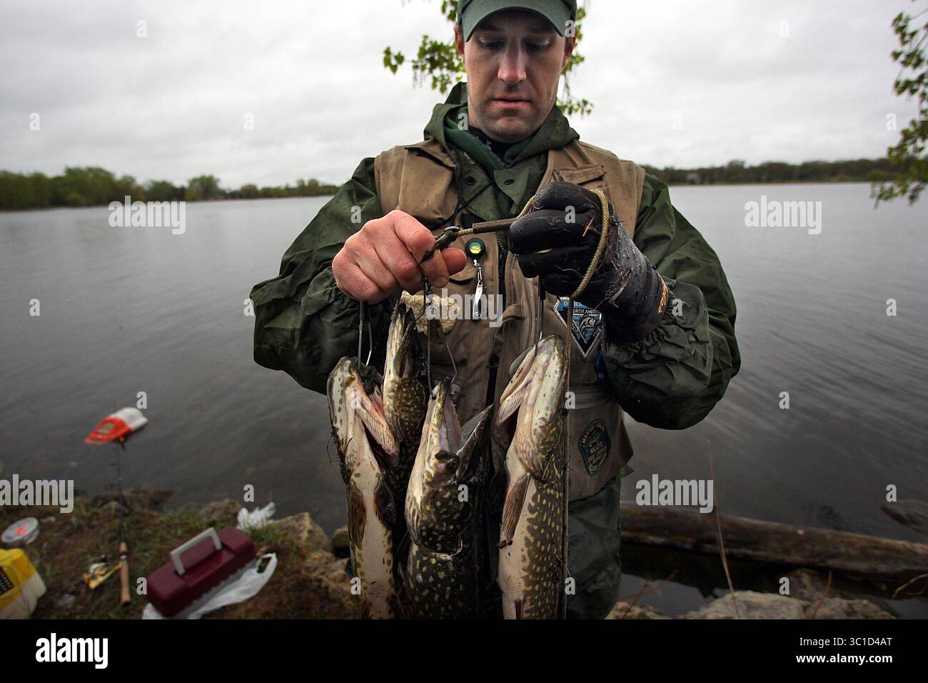 14. Mai 2011: St. Paul, Minnesota, USA – THEODORE SPAHL, 35, St. Paul, zeigte einen Hakenfisch, den er und sein Familienfreund Bill Daly im Phalensee gefangen hatten. Angler aus der ganzen Region trotzten den kühlen Temperaturen und dem regnerischen Wetter, um am jährlichen Walleye- und nördlichen Hechtöffner des Bundesstaates teilzunehmen. (Bild: Jim Gehrz/Minneapolis Star Tribune/TNS via ZUMA Wire) Stockfoto