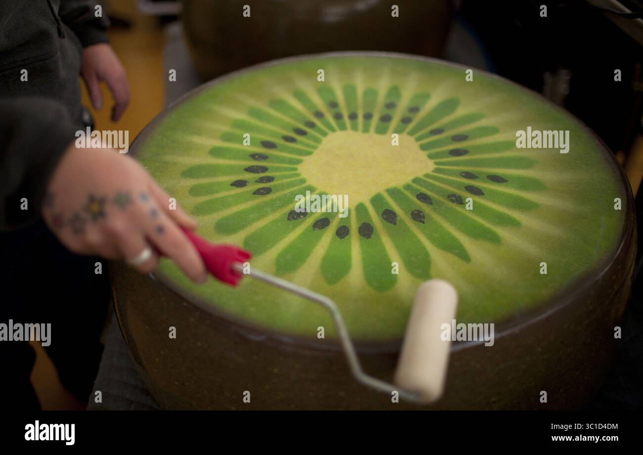 25. Mai 2011 - Bloomington, MN, USA - ..BLOOGTON - 5. Mai 25/11 - die neueste Show des Cirque du Soleil, OVO, wird am Donnerstag unter dem Grand Chapiteau in der Mall of the America's North Lot eröffnet. Am Mittwoch probten die Künstler und das Geschäft, die Show für die Eröffnung vorzubereiten... AUF DIESEM FOTO: Berührte eine Trommel, die wie eine Kiwifrucht bemalt ist, die von den „Ameisen“, den Fußjongleuren der OVO-Show, verwendet wird. (Bild: Jeff Wheeler/Minneapolis Star Tribune/TNS via ZUMA Wire) Stockfoto