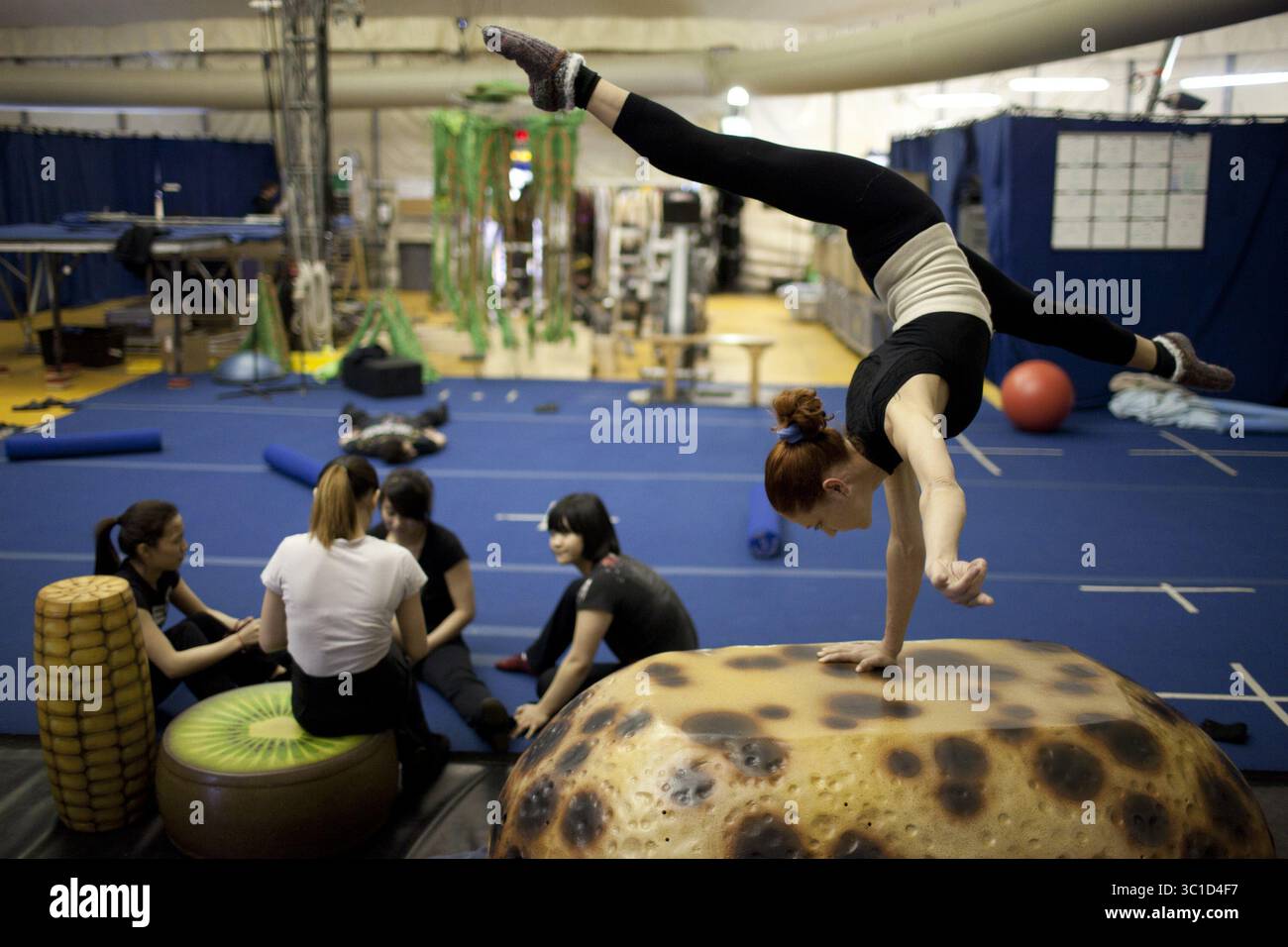 25. Mai 2011 - Bloomington, MN, USA - ..BLOOGTON - 5. Mai 25/11 - die neueste Show des Cirque du Soleil, OVO, wird am Donnerstag unter dem Grand Chapiteau in der Mall of the America's North Lot eröffnet. Am Mittwoch probten die Künstler und das Geschäft, die Show für die Eröffnung vorzubereiten, fand statt... AUF DIESEM FOTO: Svetlana Belova wärmte sich am Mittwochnachmittag im Proberaum auf, um sie als eine der Webspinnen zu spielen. (Bild: Jeff Wheeler/Minneapolis Star Tribune/TNS via ZUMA Wire) Stockfoto