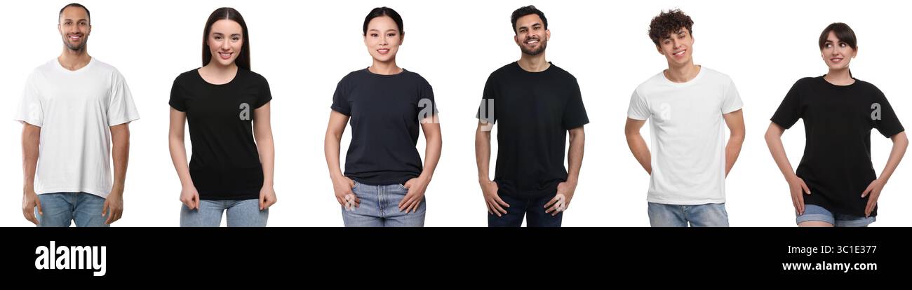 Leute in verschiedenen T-Shirts vor weißem Hintergrund. Modell für Design Stockfoto