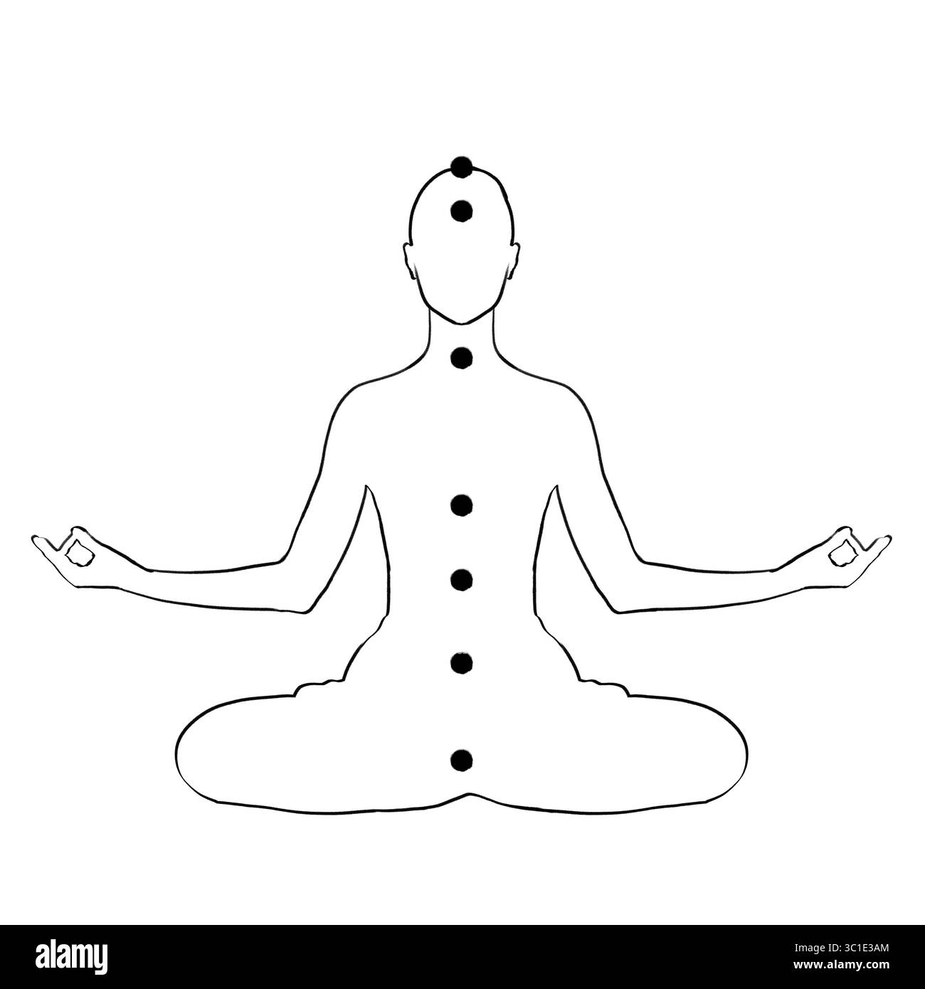 Chakras-Lokalisation im Körper. Silhouette des Menschen in Lotusposition auf weißem Hintergrund, Illustration Stockfoto