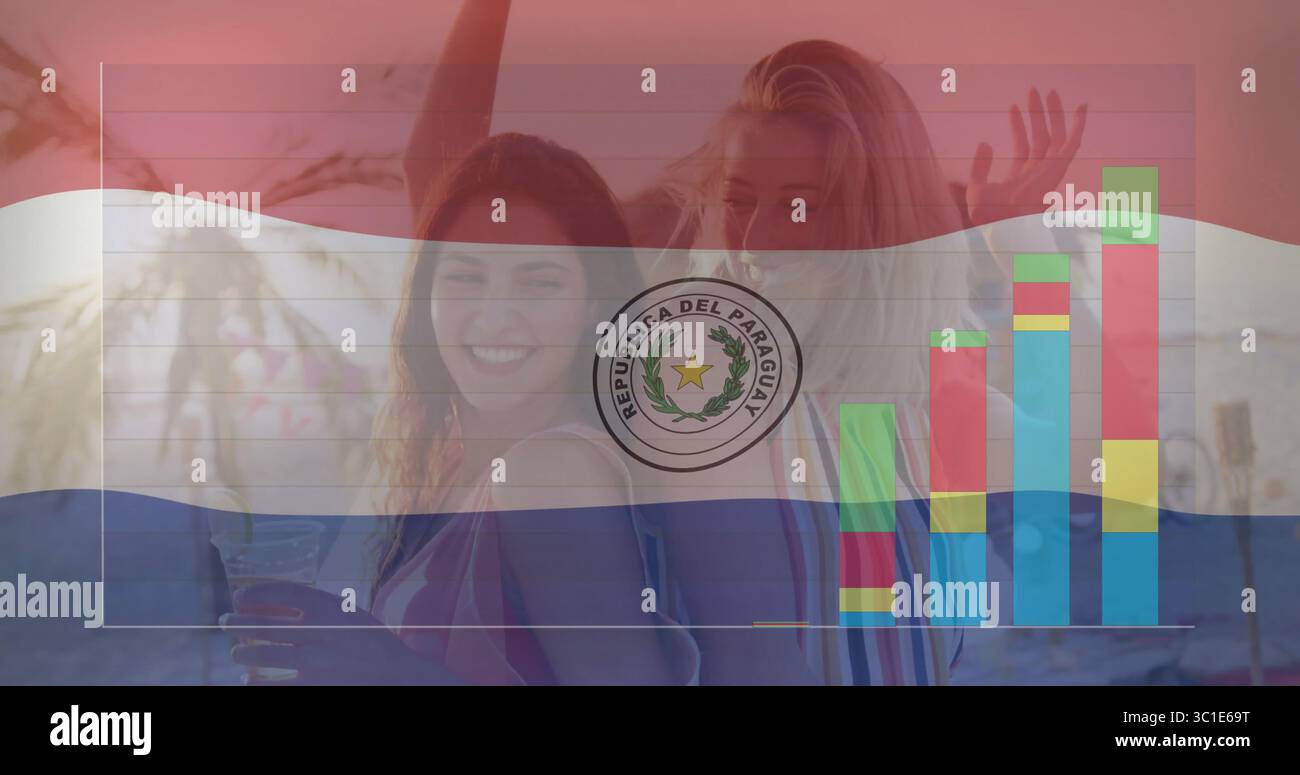 Tanzen drei Frauen mit Cocktails und Flasche am Strand bei Sonnenuntergang mit paraguayischer Flagge, Bartabelle Stockfoto