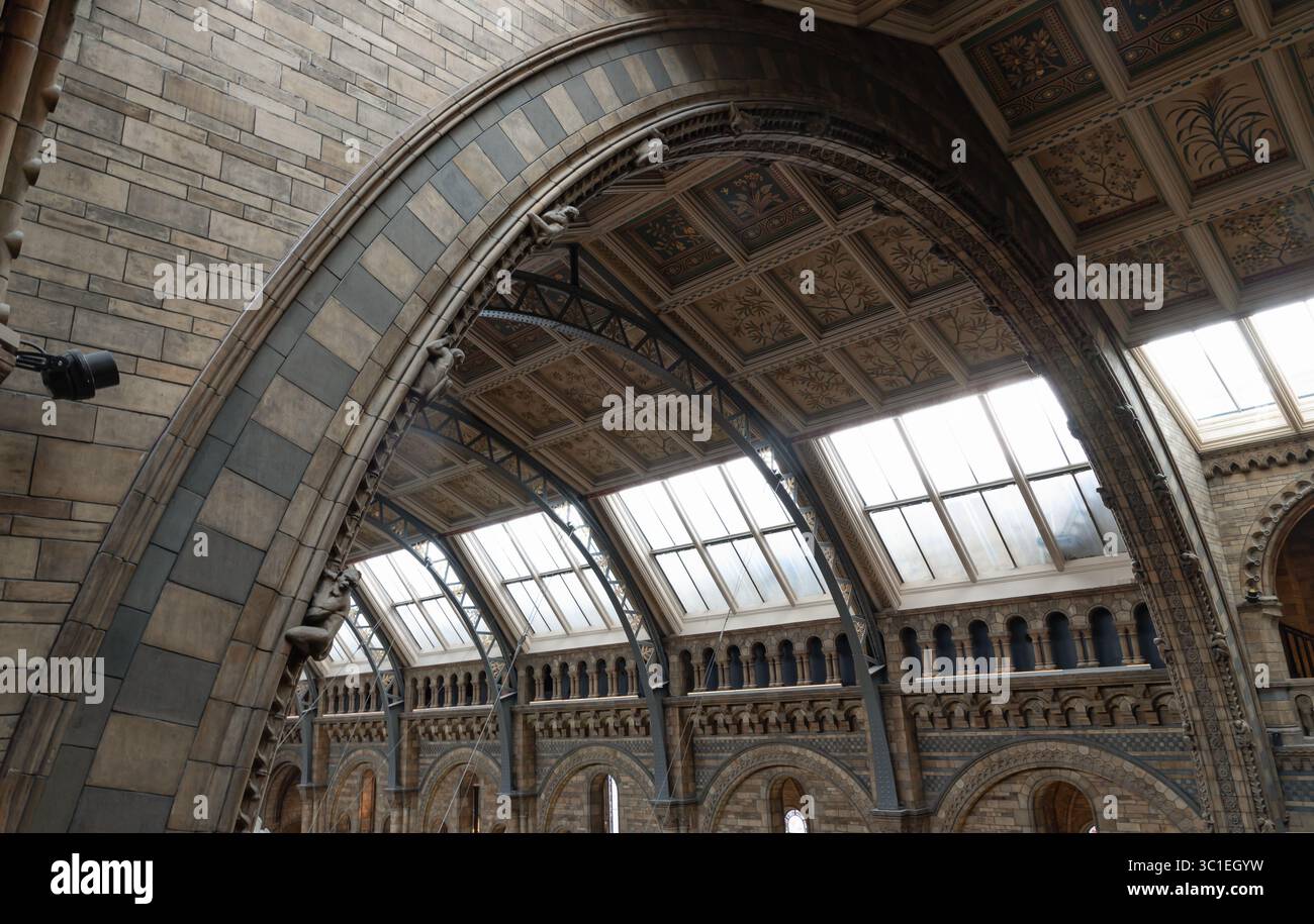 London, Großbritannien - 21. Juli 2025 - die markanten großen Bogendecken und Wände mit komplizierten Details, die charakteristisch für romanische und gotische Architektur sind Stockfoto