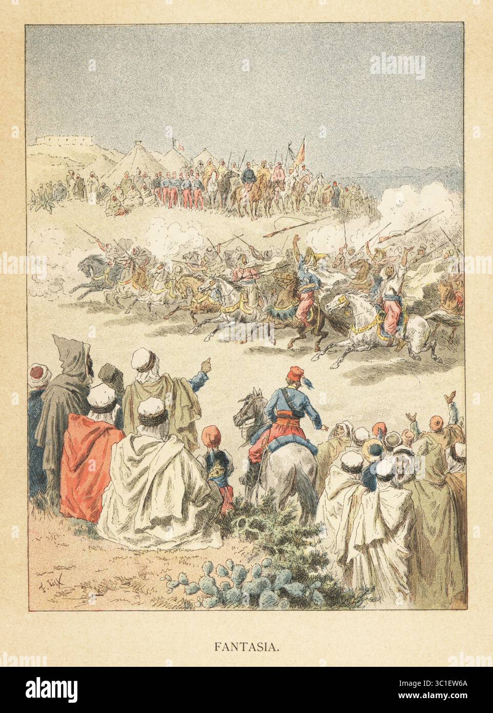 Fantasia Festival oder Lab el-baroda in Marokko, 19. Jahrhundert. Ausstellung traditioneller Reitkunst, auch bekannt als Schießpulverspiele. Arabische Reiter in weißen Gewändern stürmen durch die Wüste und feuern Mukhala-Musketen ab. Ein Publikum arabischer Männer beobachtet von Zelten in den Dünen. Fantasia au Maroc. Chromolithographie von S. Krakau nach einer Illustration von Frederic Lix aus Charles Delons Les Peuples de la Terre, Peoples of the Earth, Paris, 1890. Stockfoto
