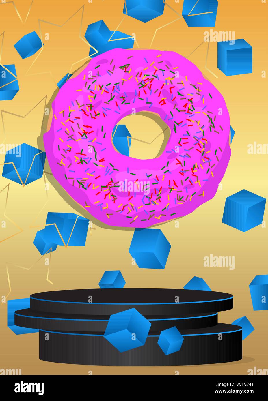 Modell-Produktanzeige mit Donut. Podium des Vektorzylinders. Bühnenvorführung für Präsentation. Minimale geometrische Formen. Stock Vektor
